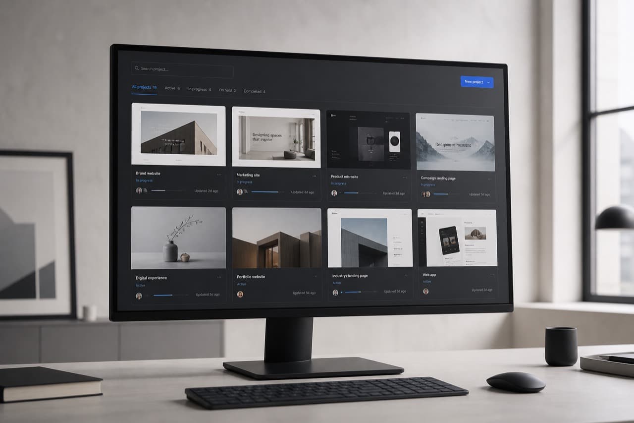 A monitor showing a grid of client website thumbnails