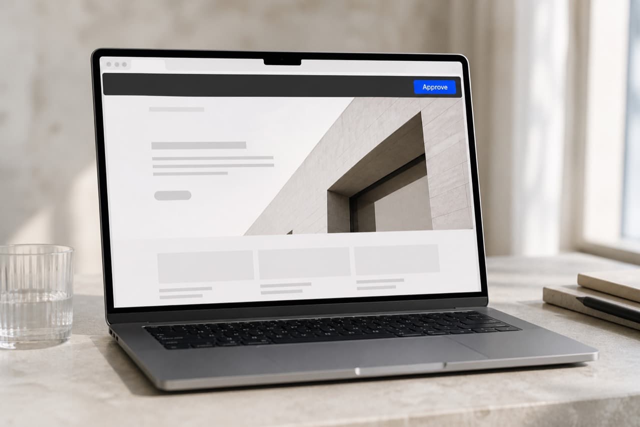 A laptop showing a website preview with an Approve control