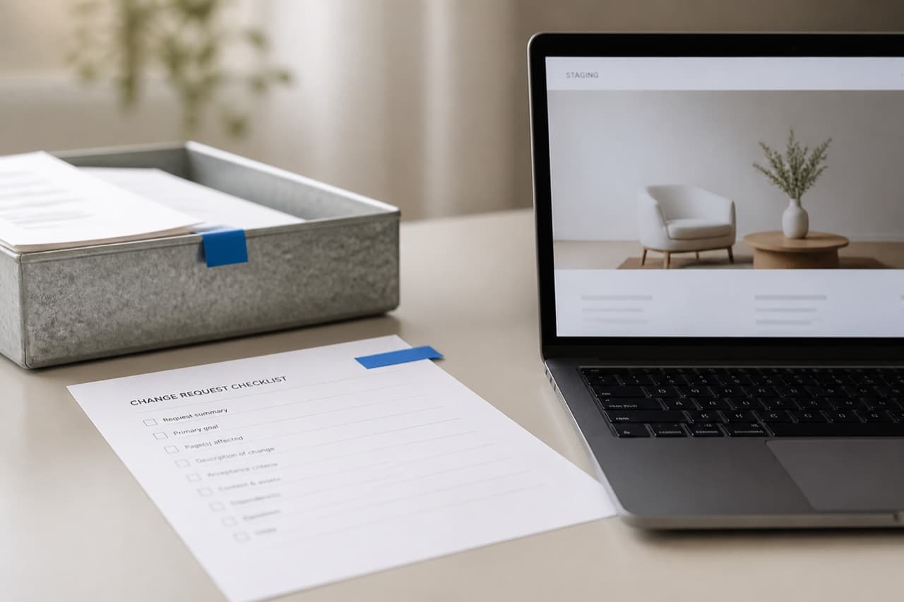 An agency desk with a change-request list beside a staging preview