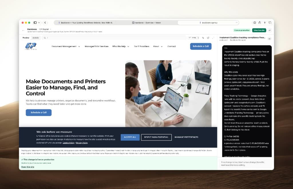 CP Digital cookie consent banner live in a Backbone preview