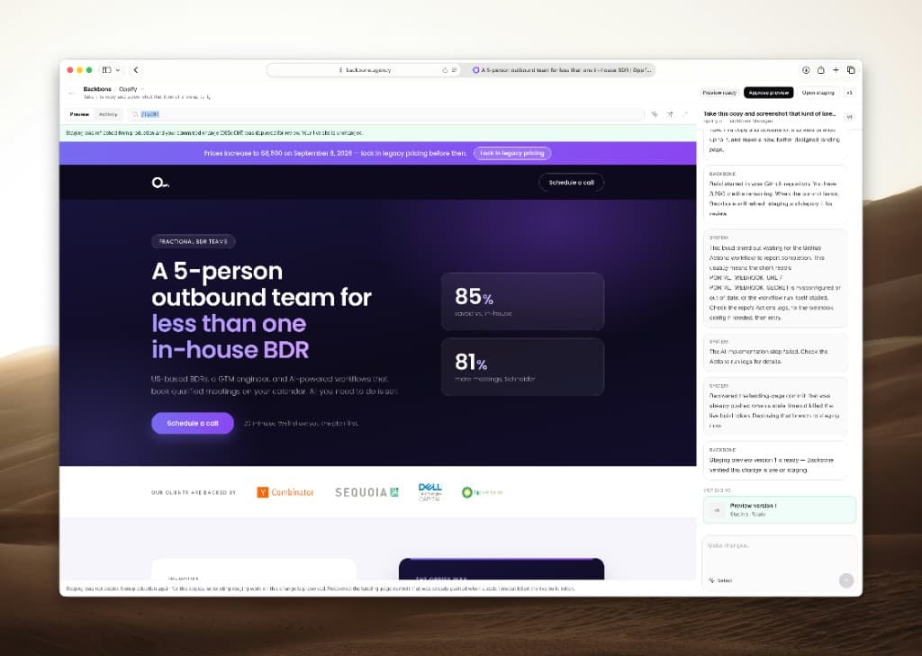 Backbone showing Oppify’s staging preview ready to approve