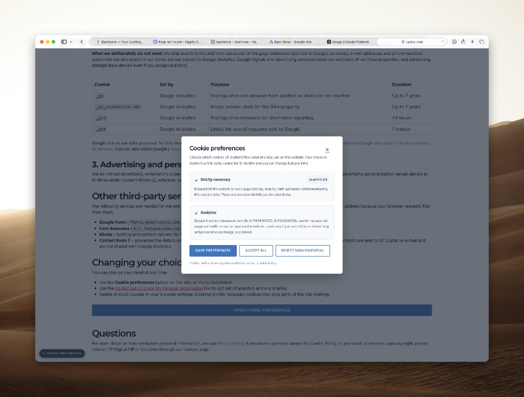 CP Digital cookie preferences modal on the Cookie Policy page