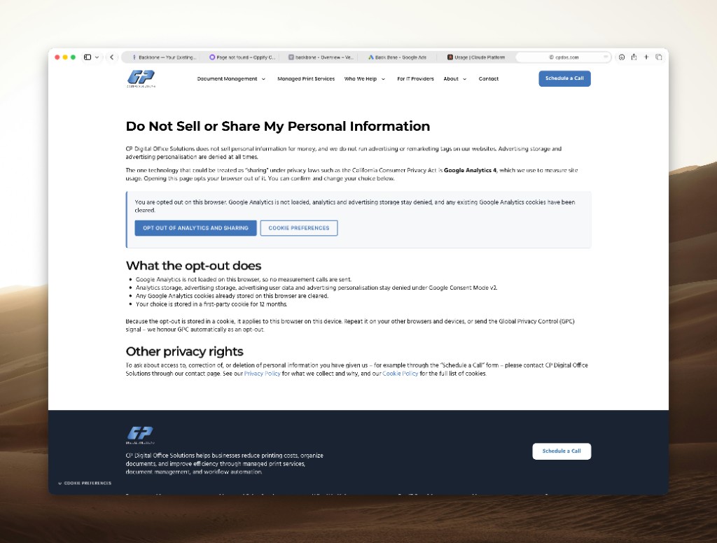 CP Digital Do Not Sell or Share page showing opted-out state with Cookie Preferences and Opt Out