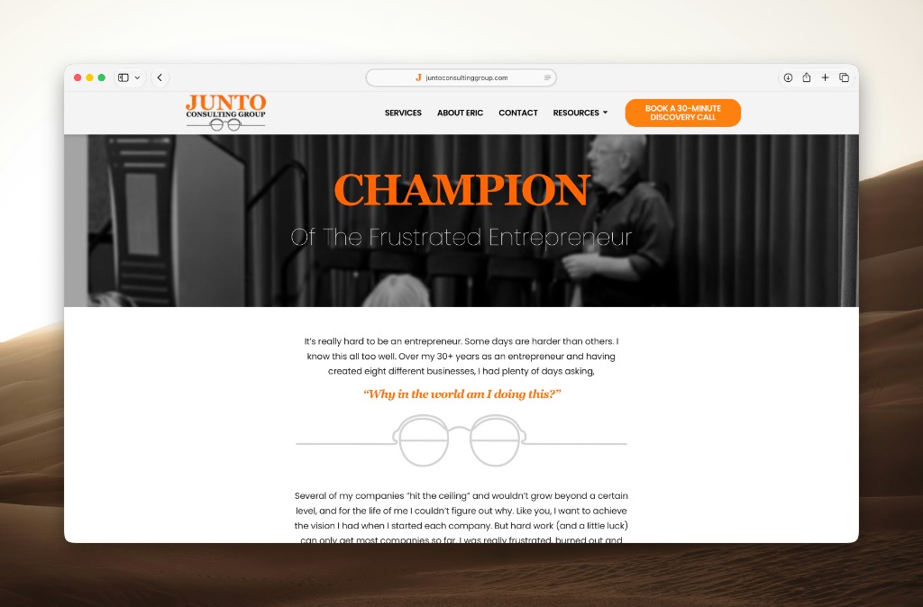 Junto homepage after the reviewed header fix — horizontal nav and discovery CTA