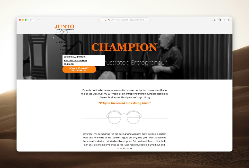 Junto homepage with a collapsed bulleted menu covering the hero
